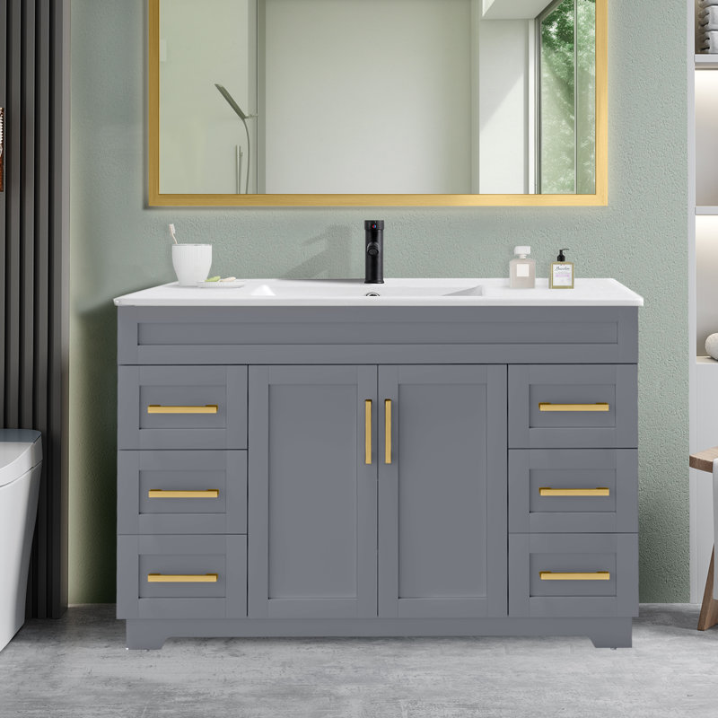 Meuble-lavabo moderne 48 po avec comptoir en céramique et lavabo en contreplaqué sans robinet, Gris/doré