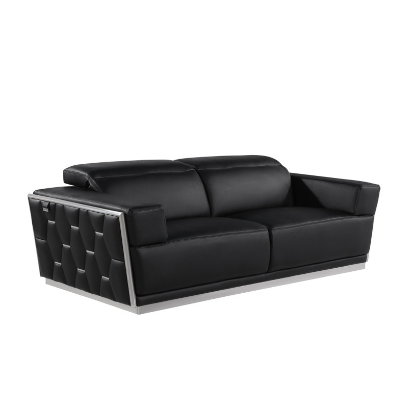 Sylvian Top Grain Genuine Italian Leather Sofa, Black, Chrome