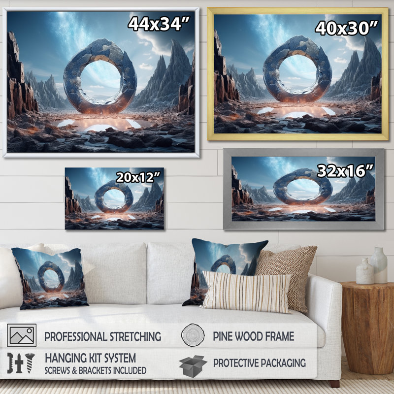 Portail surréaliste galaxie paysage II - surréalisme, art mural, Cadre doré à coins fermés, H 12 po x l 20 po x P 1 po