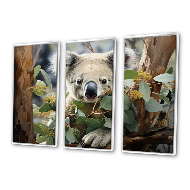 Aquarelle, arbre koala, observateur 2 - art mural koala, Cadre flottant blanc, H 28 po x l 36 po