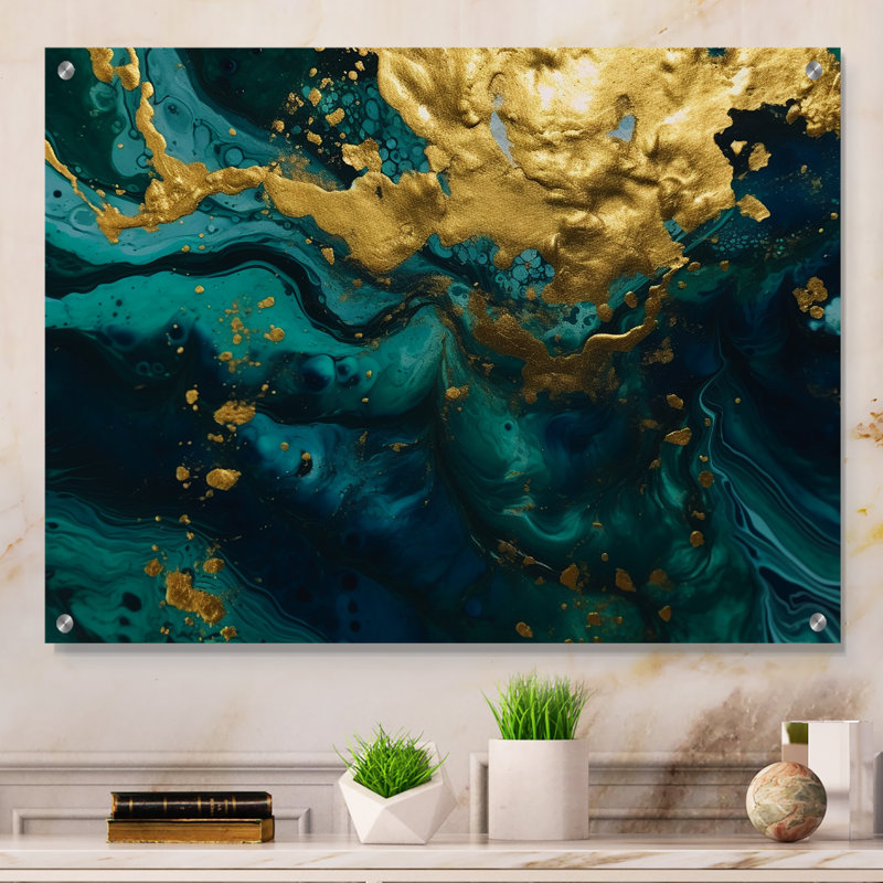 Sarcelle et or liquide Magic I - abstrait, décoration murale acrylique, H 12 po x l 20 po