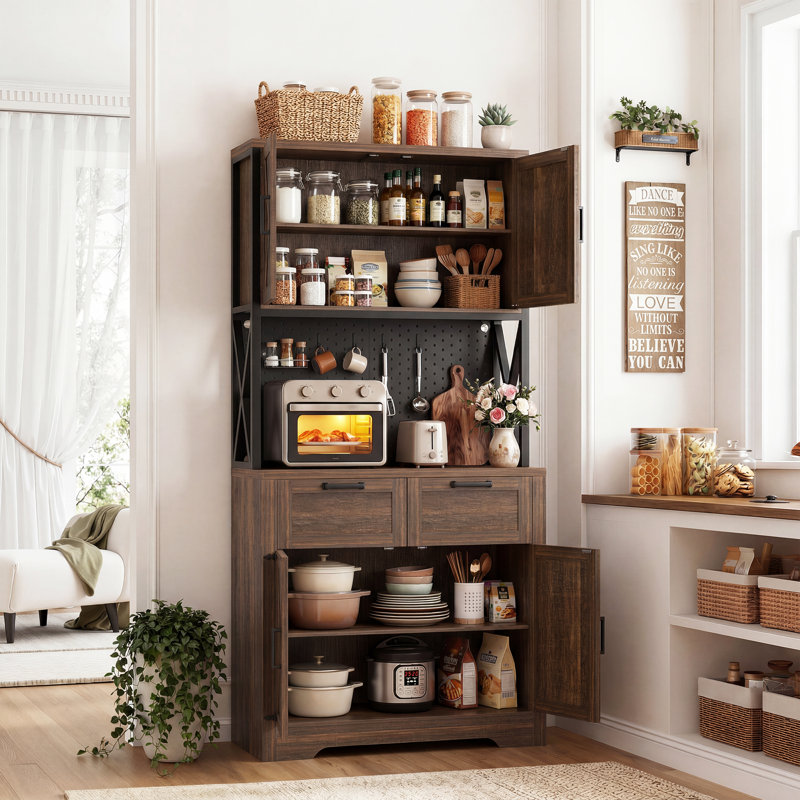 Armoire de cuisine de 71 po de hauteur avec comptoir pour micro-ondes, station de charge et lumières DEL, Brun / Noir