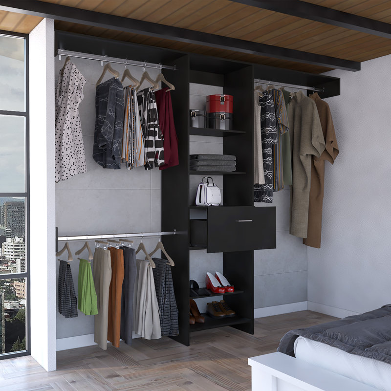Manchester 250 Closet System with 5 Open Shelves, 1 Drawer, and 3 Metal Rods, Black