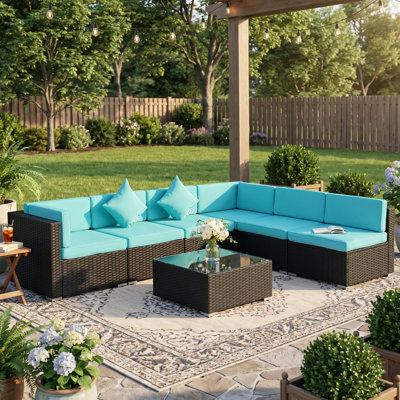 Ensemble de mobilier d'extérieur 7 pièces, canapés modulaires d'extérieur en osier avec table basse, ensemble de conversation pour l'extérieur