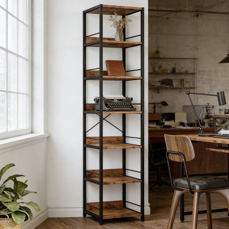 Bibliothèque industrielle étroite avec 6 tablettes ouvertes, tablette d'angle peu encombrante pour le salon, le bureau ou un dortoir, grand support de rangement en métal
