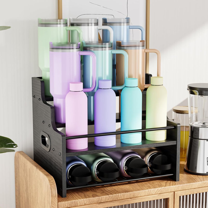 4-Tier Wood Display Shelf, Black Modern Bottle Organizer, Countertop Bar Stand For Liquor, Coffee Syrup