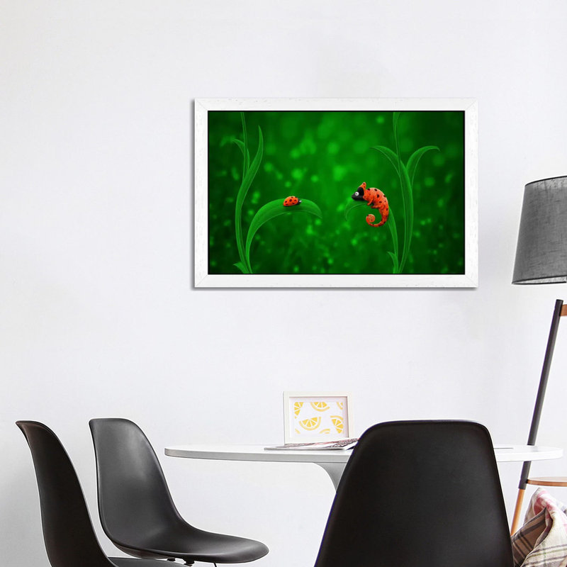 Ladybug And Chameleon - Print on Canvas, 66.04 cm H x 45.72 cm W, White Floater Framed