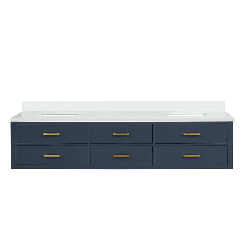 84" Wall-Mounted Double Bathroom Vanity Set, White Quartz, Blue