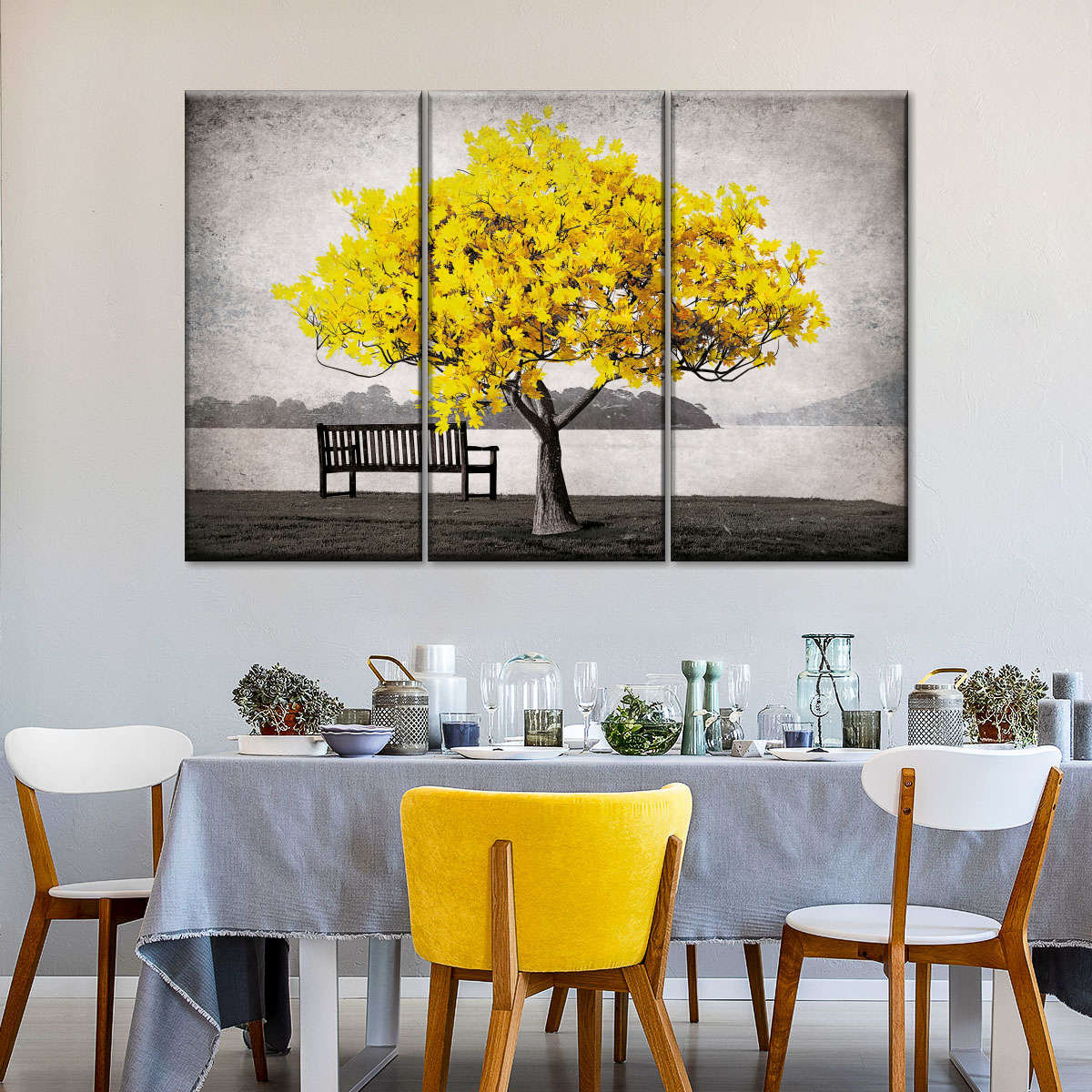 Ebern Designs Yellow Tree On Canvas 3 Pieces Set | Wayfair