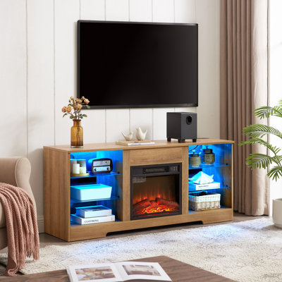 Meuble télé, foyer électrique, tablettes en verre, foyer 3D, télé avec lumières DEL, bois, prise de charge USB, centre de table de télévision moderne pour téléviseur jusqu'à 62 po