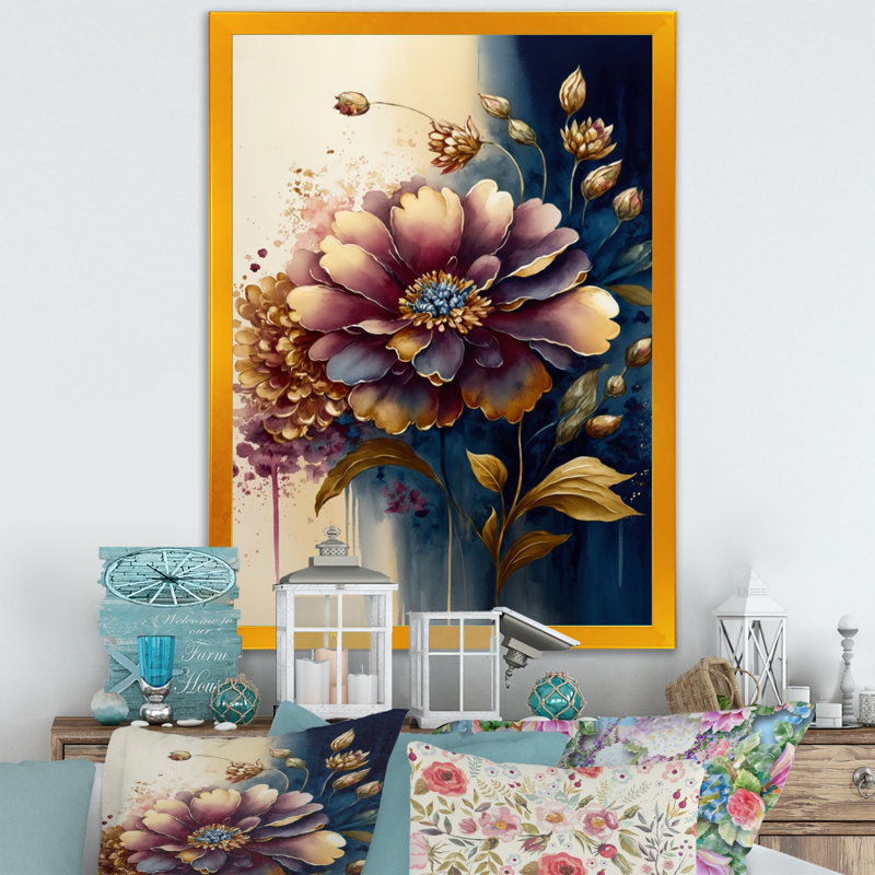 «Night Shade Zinnia Floral Design III», reproduction sur toile, Impression dorée sur toile encadrée