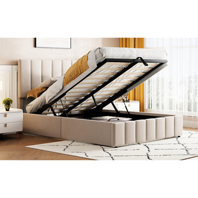 Lit tapissier beige avec rangement hydraulique efficace
