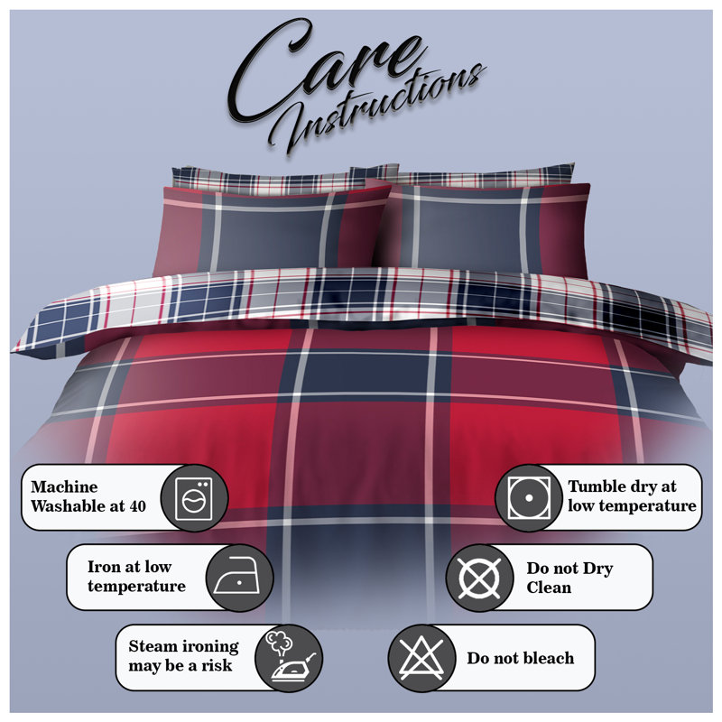 Check Pattern Polycotton Duvet Cover Set with Pillowcases - Lightweight Bedding in Single Double King, Red, Double