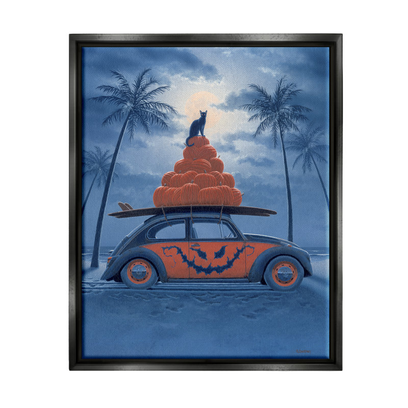 «Spooky Tropical Beach Pumpkin Car» par Richard Courtney, peinture, H 21 po x l 17 po x P 1,7 po, Cadre flottant noir de jais