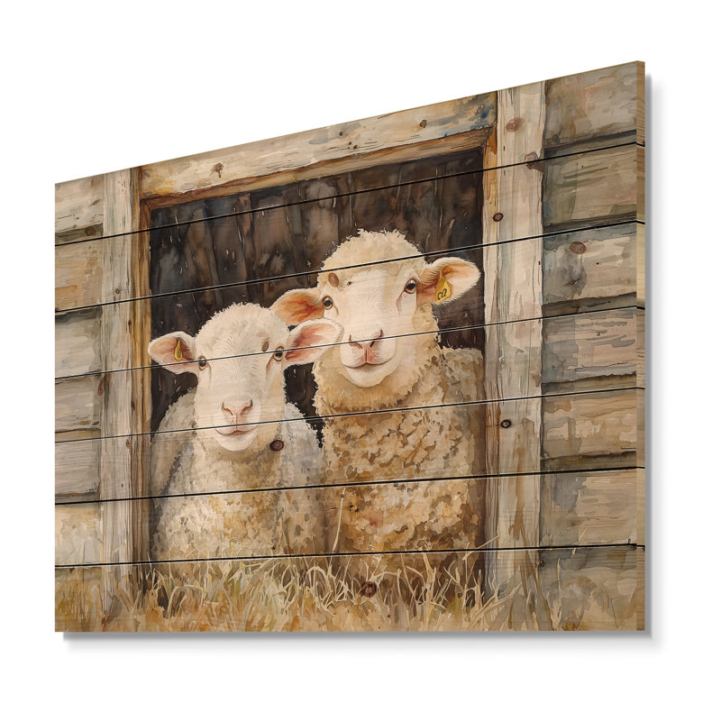«Besty Sheep Portrait At The Farm» - Art mural en bois de mouton - sur bois de pin naturel, H 34 po x l 44 po x P 0,78 po