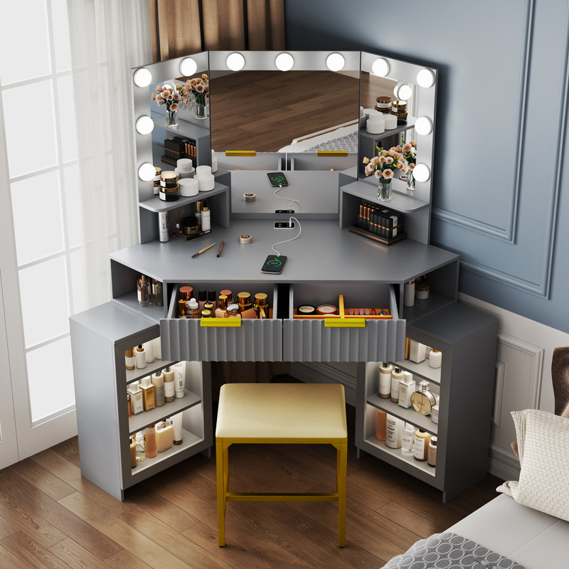 Corner Makeup Vanity - 11 Hollywood Bulbs With Human Sensor Module, Gray