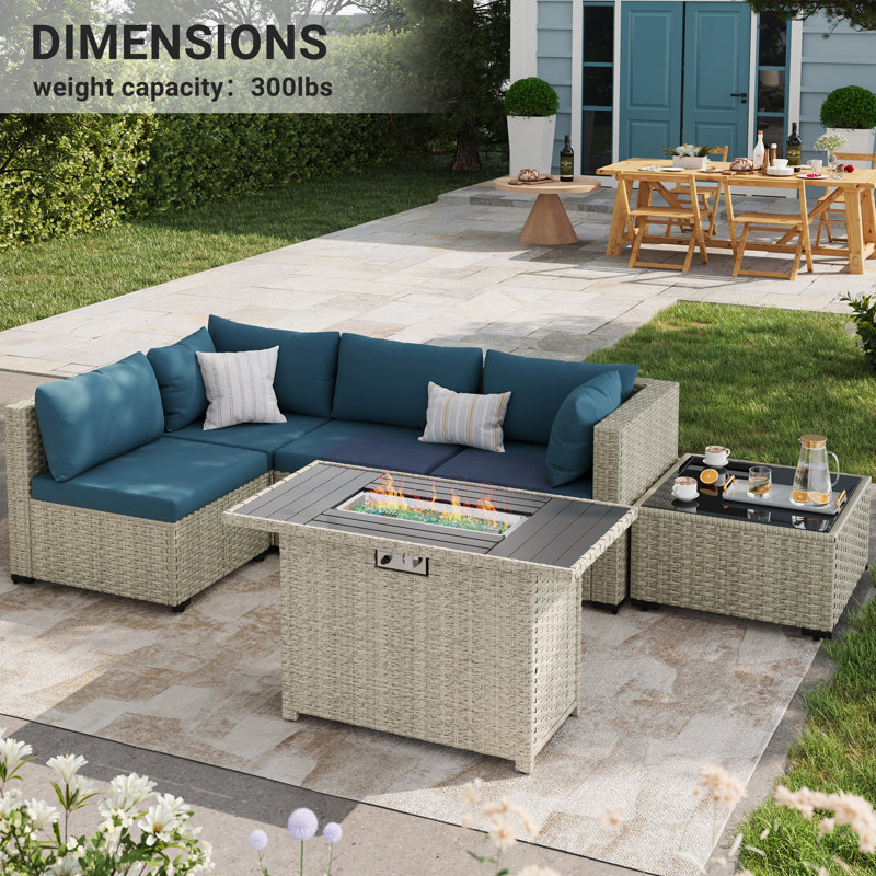 5 Pieces Design-Oriented Rattan Patio Conversation Sets With Fire Pit, Peacock Blue