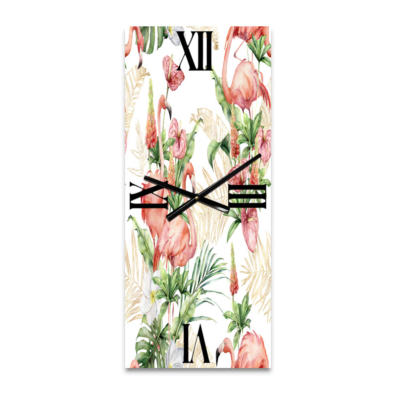 Horloge murale flamants roses avec fleurs et feuilles tropicales, Petit