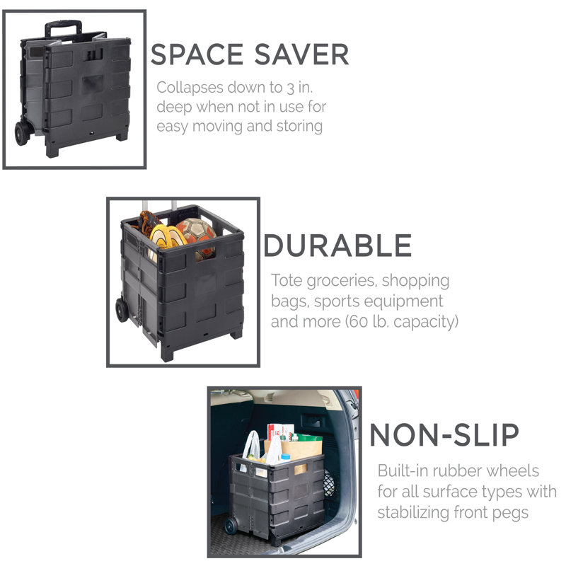 Black Collapsible Rolling Utility Cart with Aluminum Handle