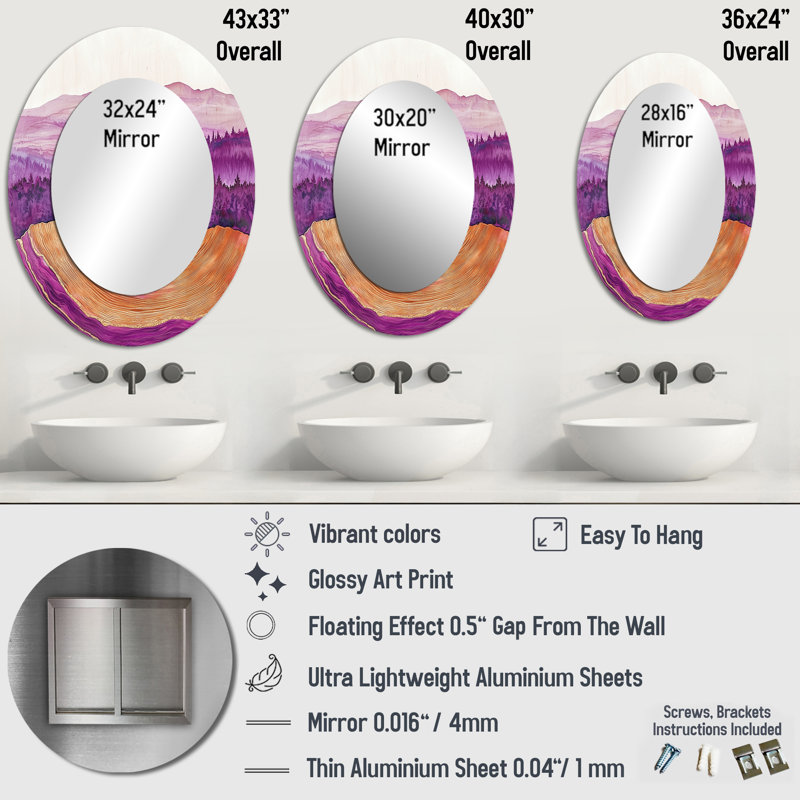 Miroir mural oval mauve, 36 po x 24 po
