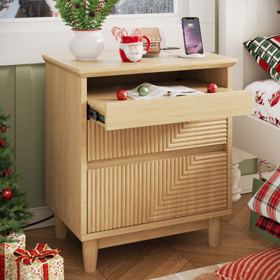 Fluted Nightstand with Charging Station & 2 Drawers, Wood Dresser, Bedside Table for Bedroom, Walnut