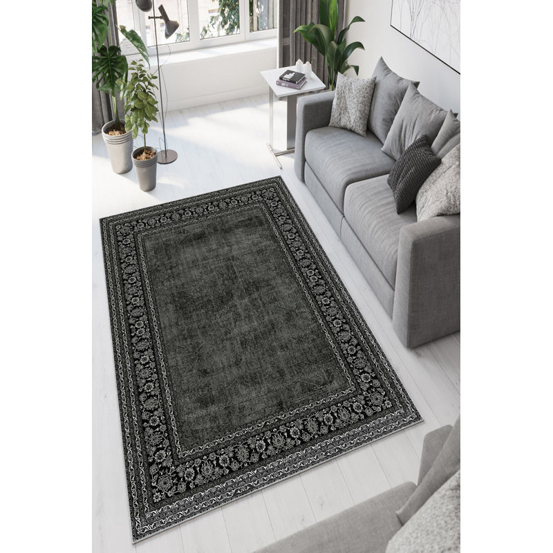 Eco-Friendly Anthracite Carpet, 4 ft x 6 ft | 100% Polyester, 650 g/m², Pile Height: 0.2 in, Non-Slip PVC Dot Underside | Machine Washable, Antibacterial, Digital Printed | Perfect for Home & Office Décor