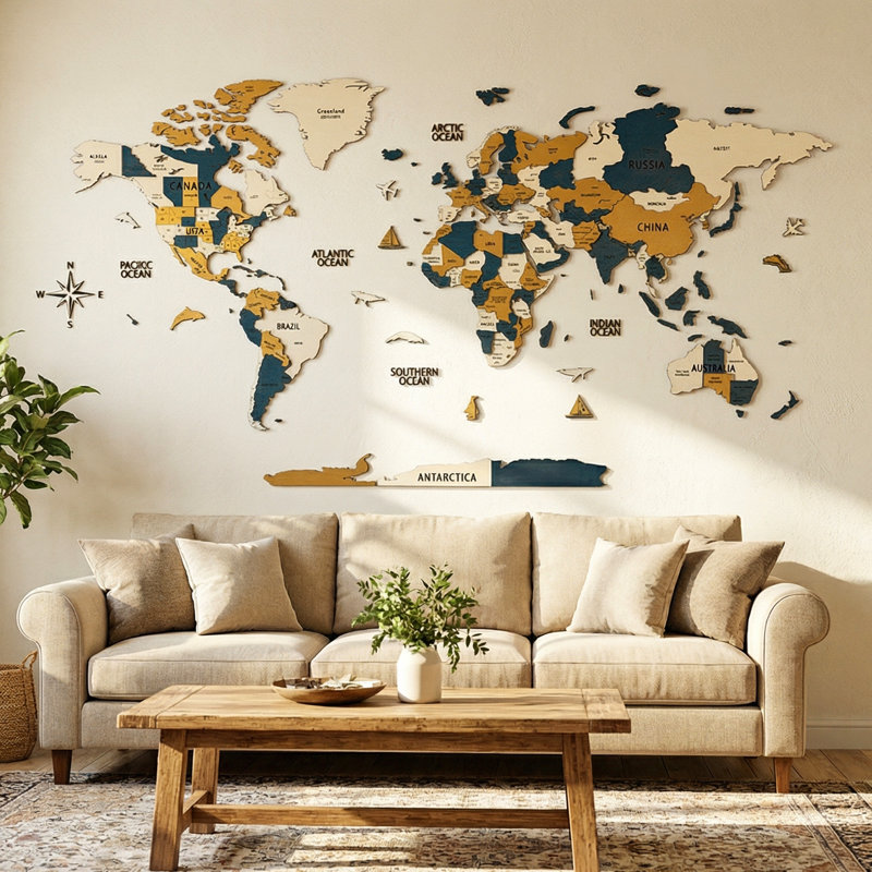 Carte 3D du monde en bois avec punaises, H 31,5 po x l 59,1 po x P 1 po, Or / Bleu