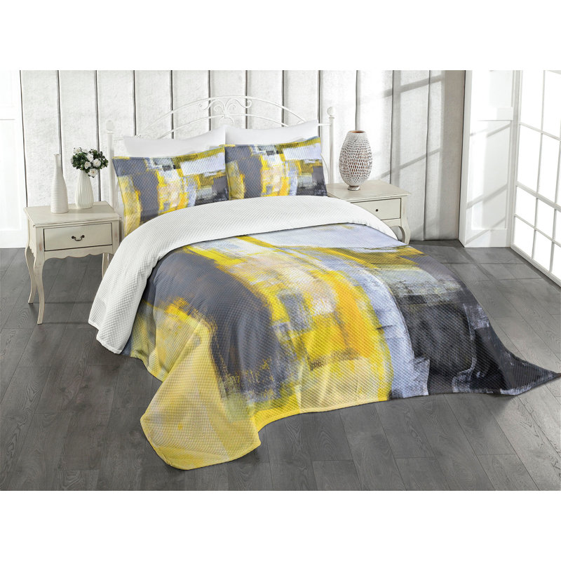 Gray and Yellow Abstract Art Queen Bedspread Set