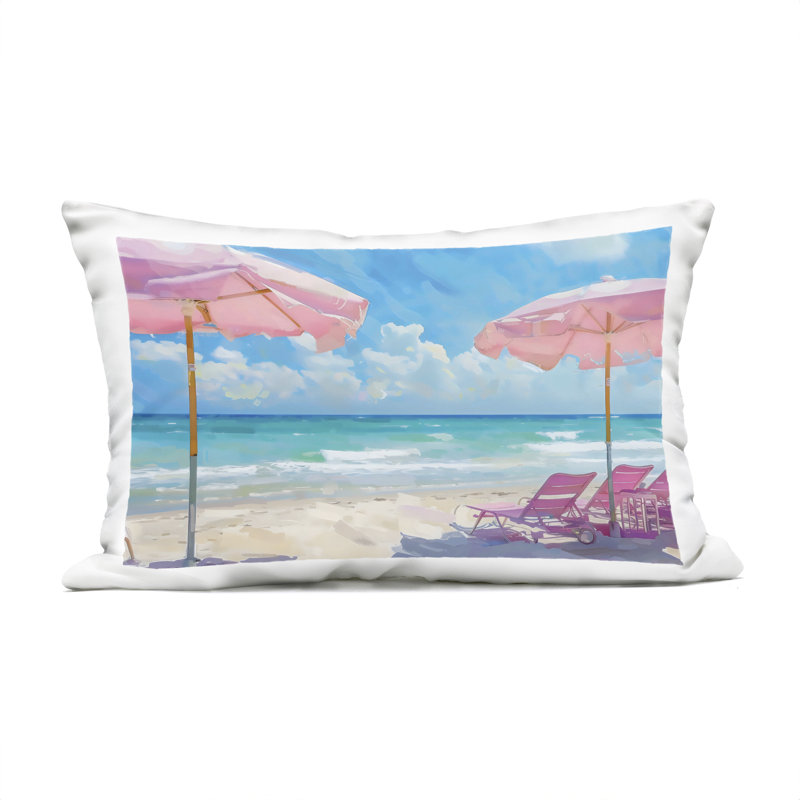 Coussin d'extérieur imprimé Pink Paradise Beach Umbrellas, design par LSR Design Studio, Bleu nautique et plage 50