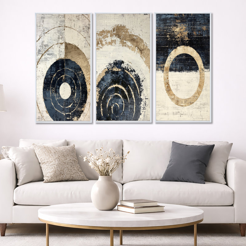 «Beige and Blue Celestial Spiral Balance - Abstract Minimalisme», reproduction sur toile encadrée 3 pièces, H 32 po x l 48 po