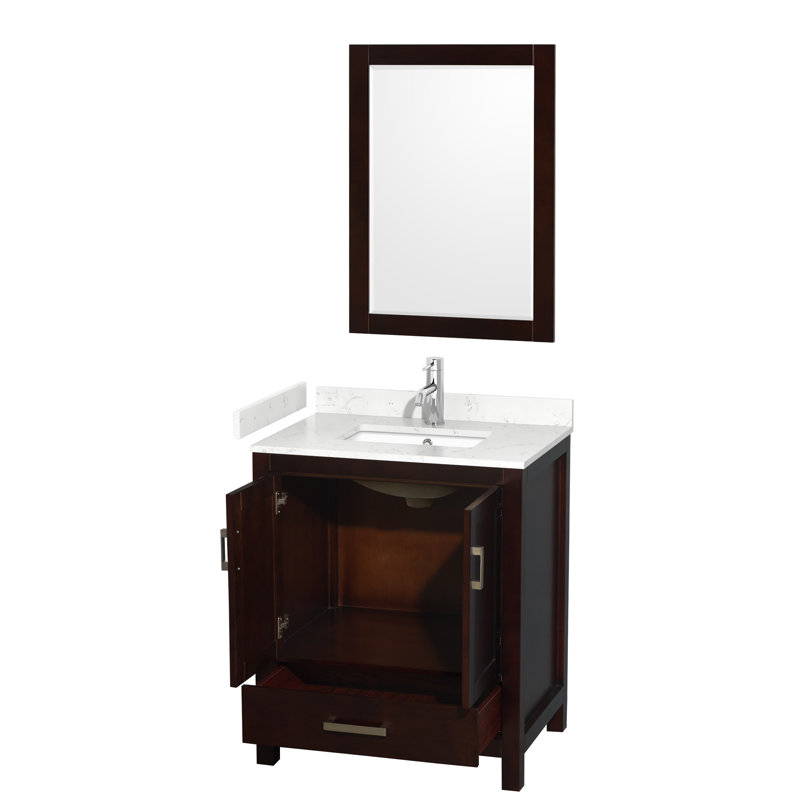 Sheffield 30" Freestanding Single Bathroom Vanity with Cultured Marble Top with 24" Mirror, Carrara Cultured Marble, Espresso