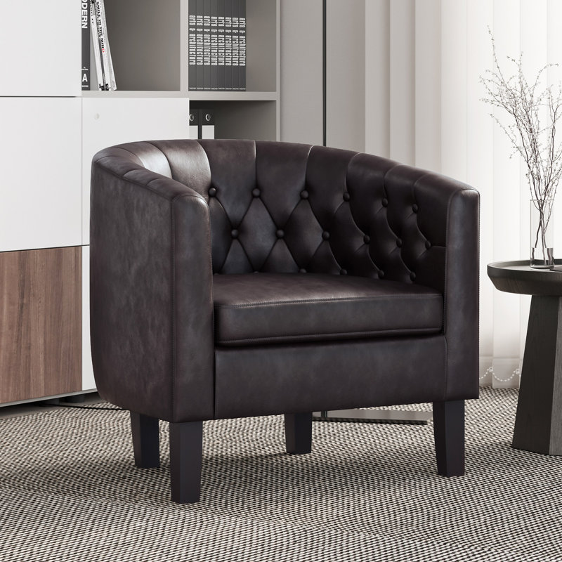 Zeniyah 28.25 Wide Faux Leather Barrel Chair, Brown Faux Leather