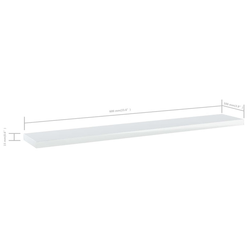 Tablettes flottantes étagères murales, Blanc très luisant, H 0,6 po x l 23,6 po x P 3,9 po