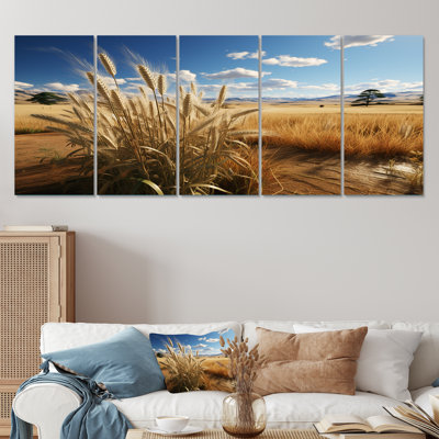 «Golden Harvest Meadow Horizon II - Prairies», art mural 5 pièces pour le salon