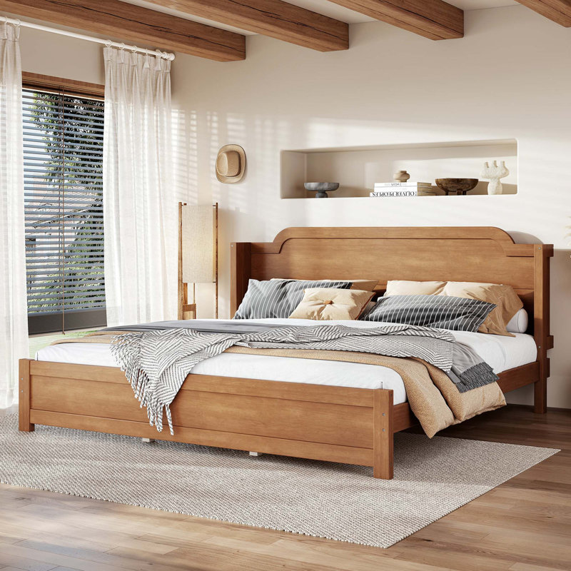 Lit plateforme en bois massif King avec tête de lit et design minimaliste, montage facile, sommier non requis, cadre de lit traditionnel en bois