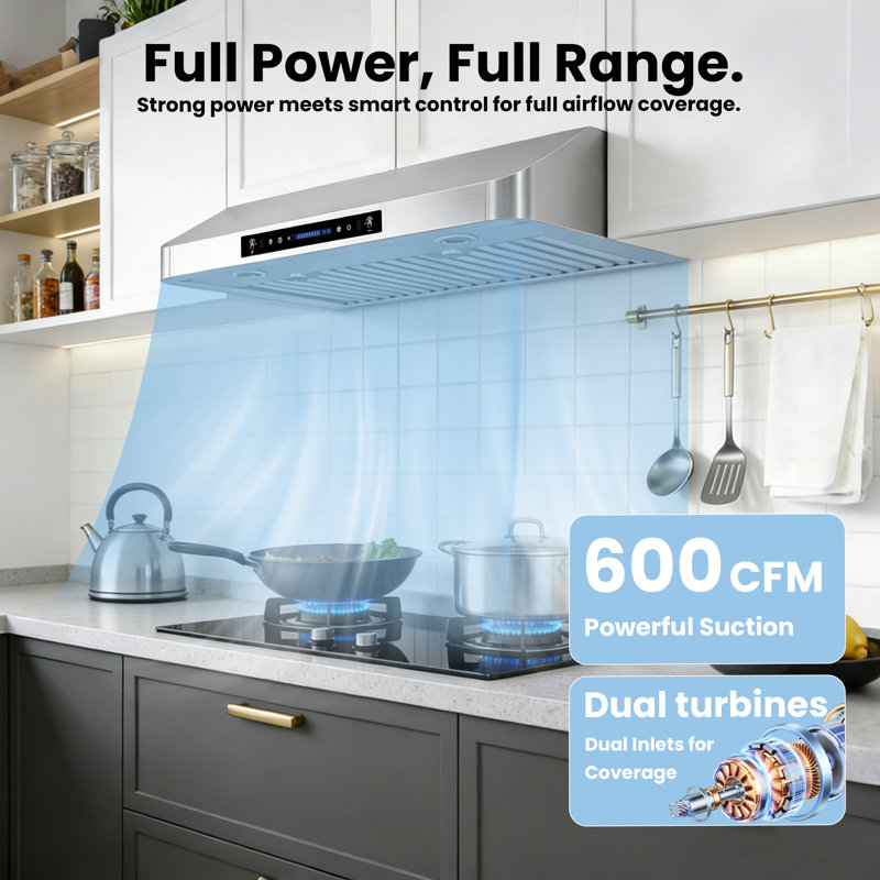 Hotte sous un conduit 36 pouces 600 CFM en acier inoxydable avec garantie de 10 ans, ventilation à 3 voies et contrôle des mouvements