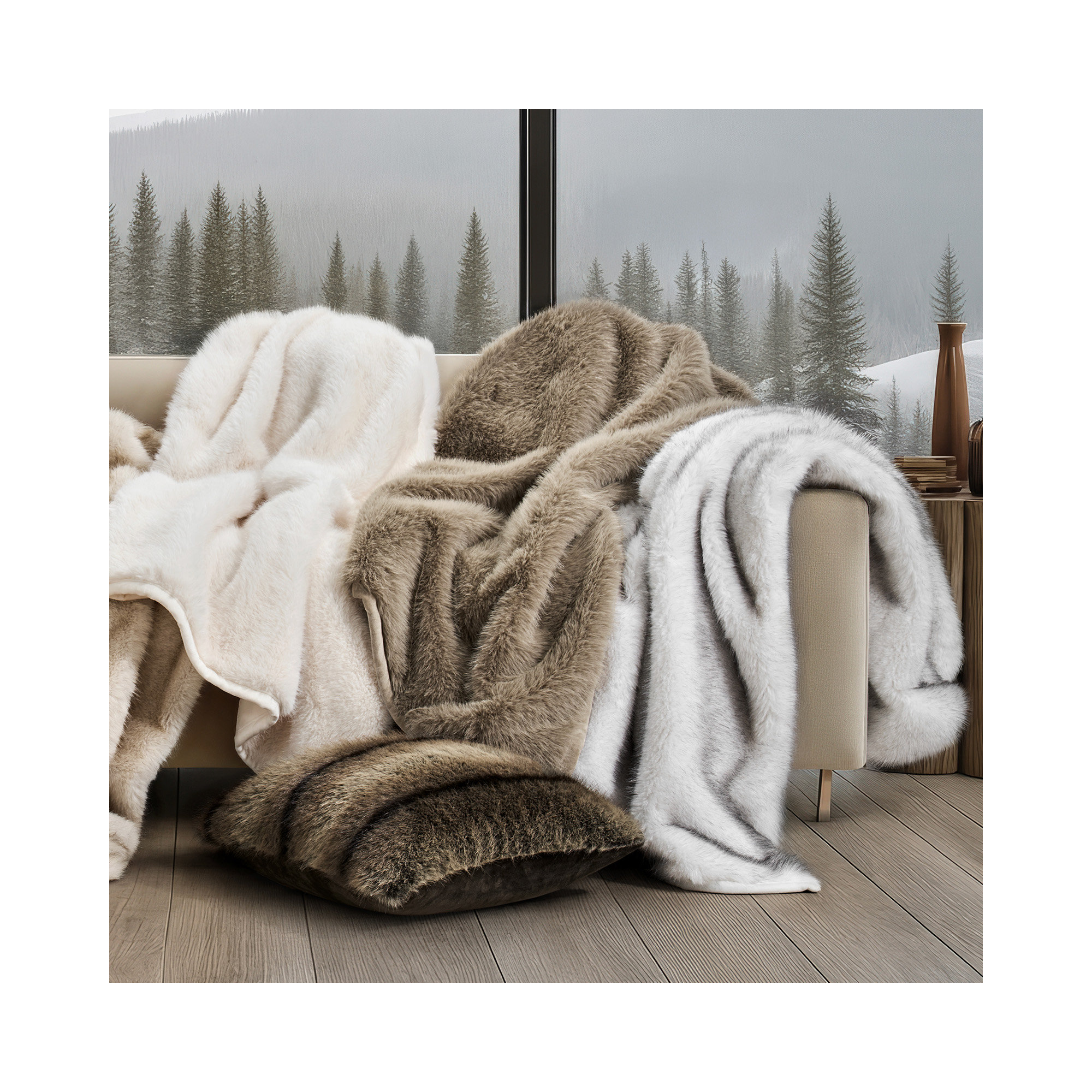 Luxe Faux Fur Throw Blanket, Frosted White Wolf Ombre, Twin
