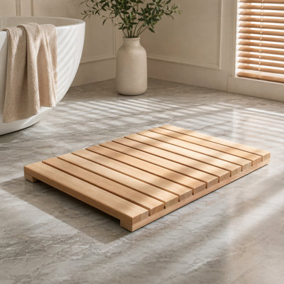 Cedar Wood Bath Shower Mat, Non-Slip Slatted Shower Mat with Rubber