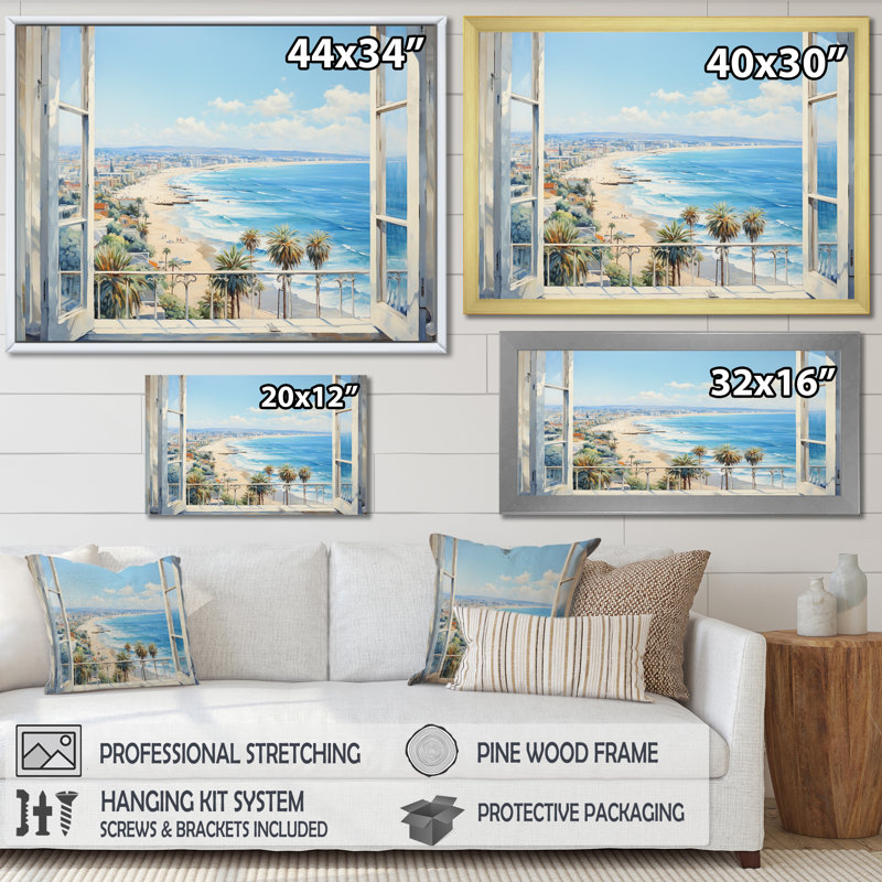 «Coastal Window View By The Beach I» - art mural côtier, Toile tendue, H 34 po x l 44 po x P 1,5 po