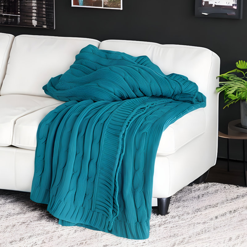 Jeté en tricot bleu sarcelle 100% coton