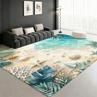 Beach Ocean Wave Starfish Seashell Tropical Leaf Print Area Rug, Coastal Themed Non-Slip Floor Mat, Indoor Home Decor for Living Room, Bedroom, Entryway, Kitchen