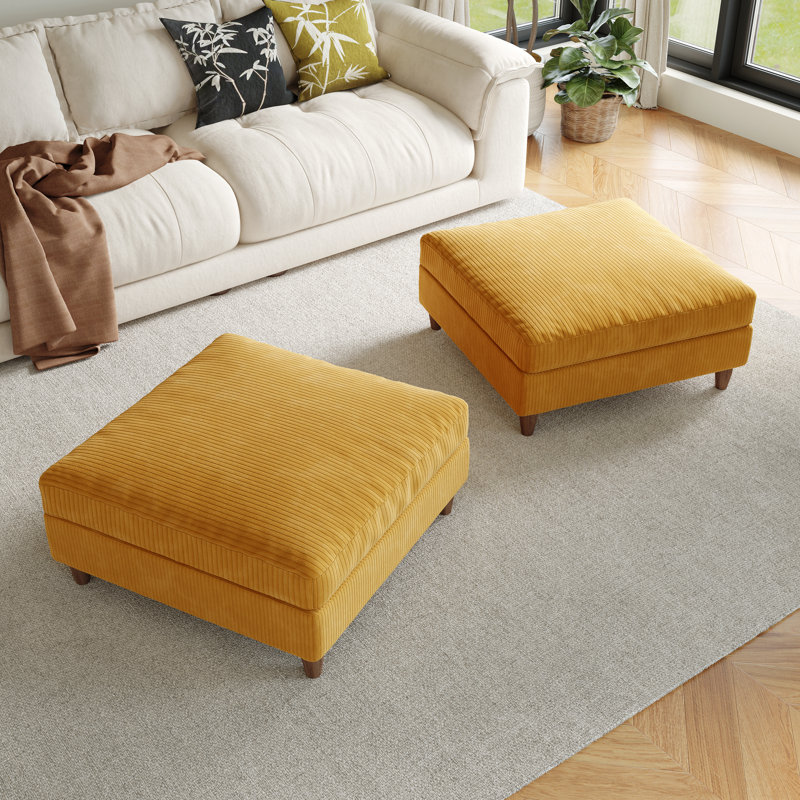 Upholstered Orange Square Corduroy Ottoman with Solid Wood Legs, Ottoman Modular Part For Sectional Sofa, Orange