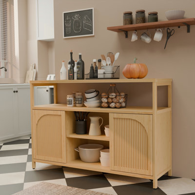 Bamboo Sideboard Buffet Server, Natural Storage Cabinet with Shelves and Doors – Modern Credenza for Dining Room, Living Room & Kitchen