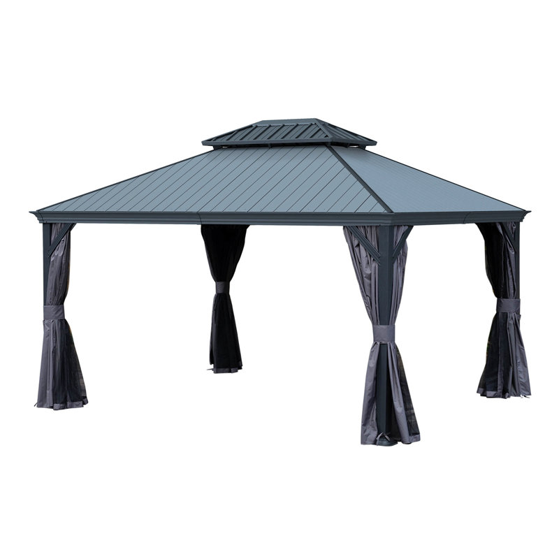 Hardtop Gazebo With Resin Roof, Outdoor Metal Gazebo With Drainage Gutters, Permanent Heavy Duty Pavilion For Patio, Backyard And Deck, Curtains And Mosquito Netting Included