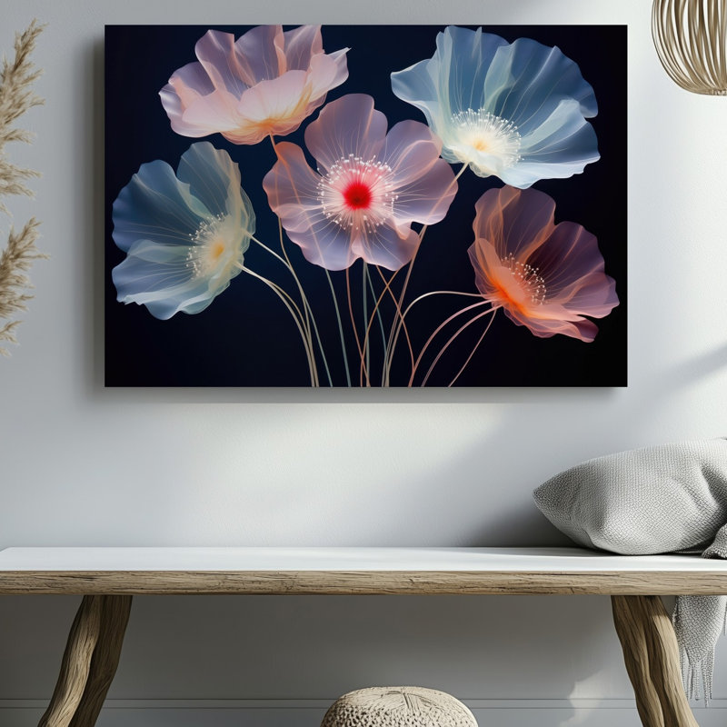 Toile, arrangement hypnotisant de fleurs translucides éthérées mettant en vedette cinq délicates fleurs murales ornées de dégradés doux