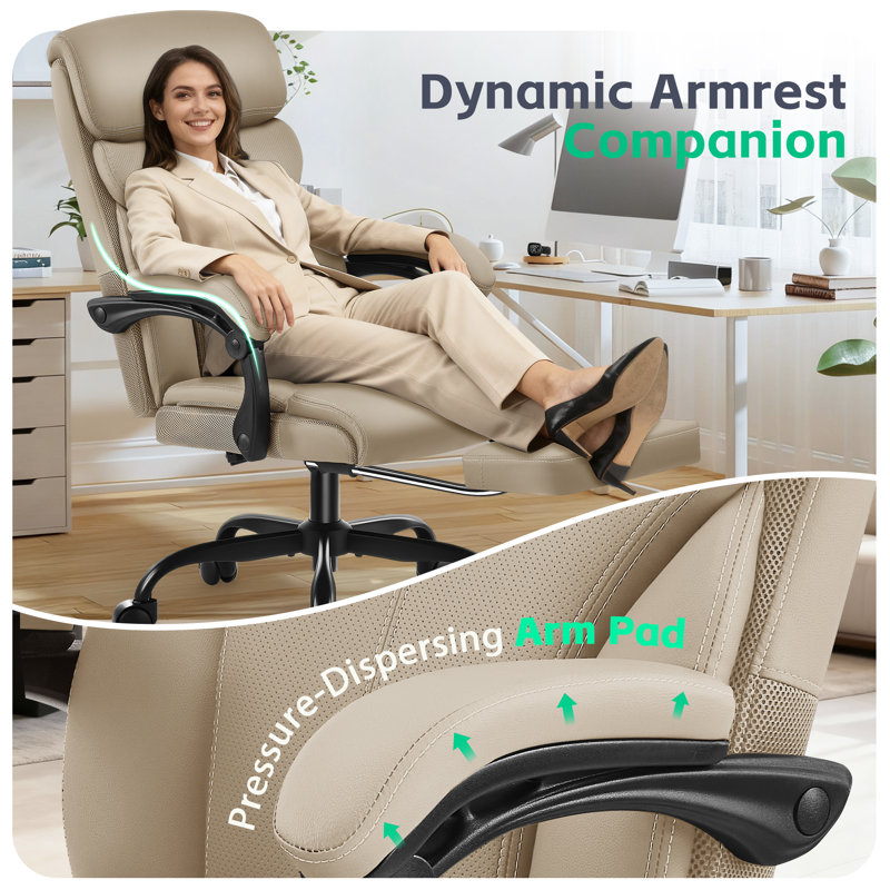 Faux Leather Executive Computer Chair with Footrest, Kaki, Retractable Footrest
