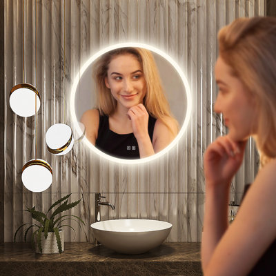 Miroir rond de salle de bain / meuble-lavabo à économie d'énergie avec DEL argentée sans cuivre Naliyah