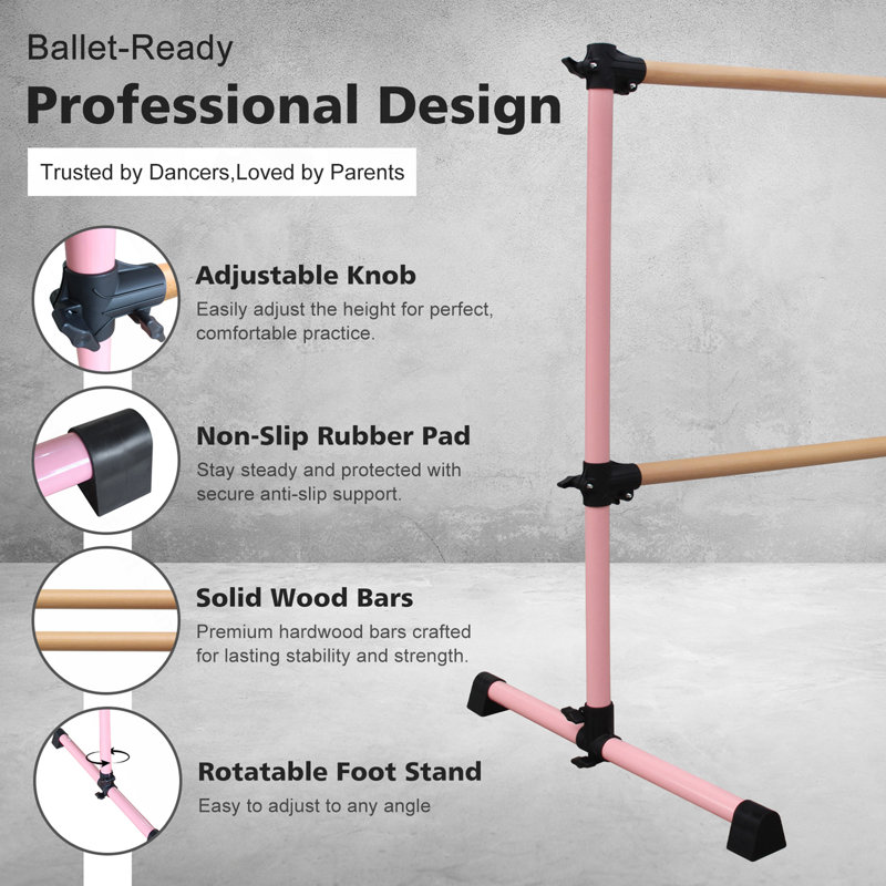 Barre en bois massif rose de 6 pi avec plage réglable de 6,7 à 46 pouces pour la pratique de la danse, Rose