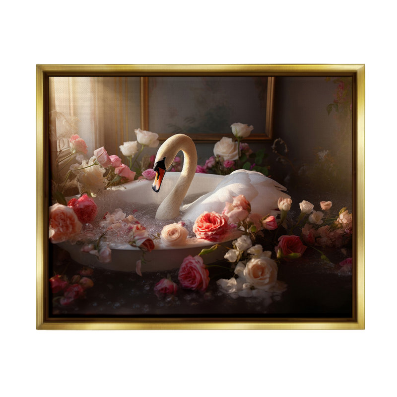 "Swan & Bathroom Roses" par Lazar Studio sur toile, Cadre flottant métallique doré, H 25 po x l 31 po