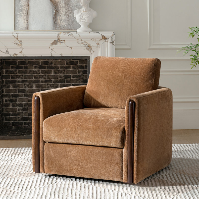 Nicha 31.25W" Modern Down-filled Solid Wood Swivel Barrel Chair, Caramel